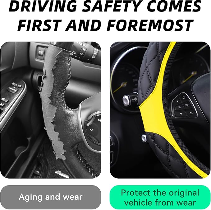 15 Inch Car Leather Steering Wheel Cover, Automotive Accessories Elastic Breathable Anti-Slip Soft Wheel Protector Fits Men and Women, Suitable for SUVs, Trucks, Vehicles and RVs (Yellow)