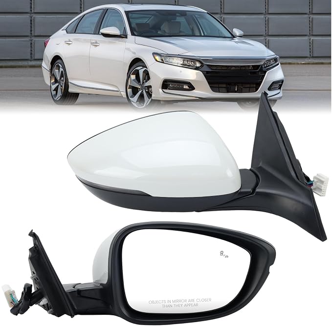 Right Passenger Side Mirror Compatible with 2018-2022 Honda Accord Power Glass | Heated | with Blind Spot | with Turn Signal | Manual Folding Repalces HO1321330 (8Pins-Pearl White)