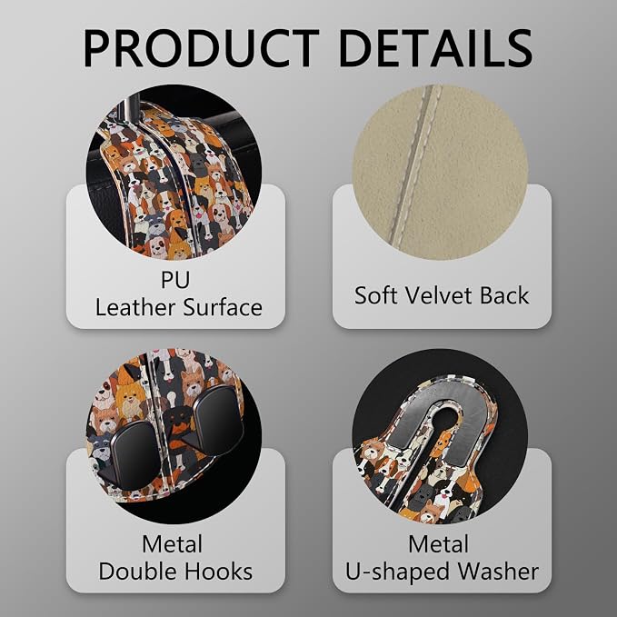 2PCS Car Seat Back Storage Headrest Hooks, Cute Dogs Puppy Purse Holder Bags Hanger, PU Leather Double Metal Hook for Backseat Organizer, Women Car Accessories Organization