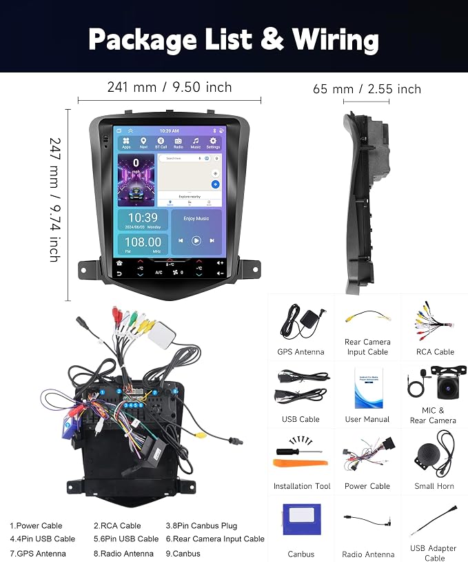6+128G Car Radio Stereo for Chevrolet Cruze J300 2009-2014 Android Wireless CarPlay Android Auto,9.7 inch IPS Touchscreen Car Stereo Bluetooth5.0,GPS,WiFi,SWC,59UI,32EQ DSP+HD Backup Camera