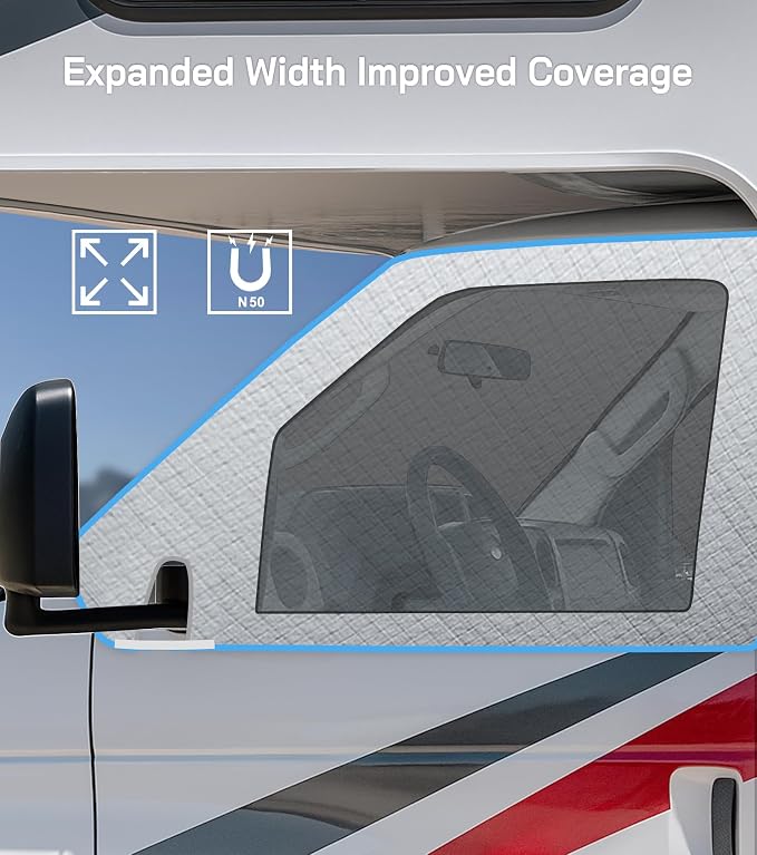 RV Windshield Cover for Ford E450,E350,E250,Econoline,Club Wagon 1997-2026 Motorhome,Thick Oxford Front Window Sunshade Cover, Class C RV Windshield Shade for Ice & Snow,with Mirror Cutouts