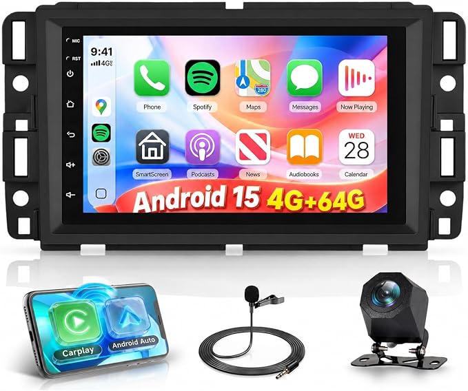 4G+64G Android 15 Car Radio for Chevrolet Chevy Silverado GMC Sierra Yukon 2007-2013, Car Stereo Wireless CarPlay Android Auto, GPS 5G-WiFi, Bluetooth 5.0, EQ, Backup Camera