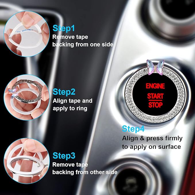 ORIESSE Pink Bow Car Accessories,Bow Tie Engine Start Button Ring,Bling Girly Silver Rhinestone Ring Start Stop Button Car Decor for Women,Ignition Ring Car Charm