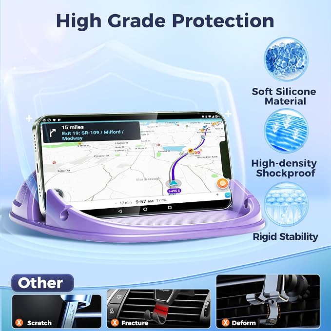 Car Phone Holder, Car Phone Mount Silicone Car Pad Mat for Various Dashboards, Slip Free Desk Phone Stand Compatible with iPhone, Samsung, Android Smartphones, GPS Devices More (Purple)