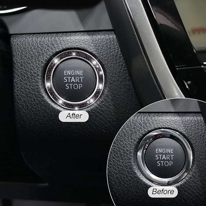 Car Bling Crystal Rhinestone Engine Start Ring Decals, 2 Pack Car Push Start Button Cover/Sticker, Key Ignition Knob Bling Ring, Sparkling Car Interior Accessories for Women (Double Black)