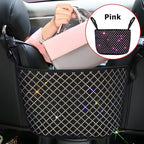 Bling Car Net Pocket Handbag Holder, Rhinestone Vehicle Backseat Purse Organizer Between Seats, Diamond Hanging Storage Bag Barrier of Pet Kids, Universal Automotive Accessories (Pink)