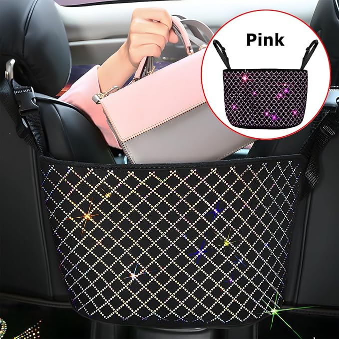Bling Car Net Pocket Handbag Holder, Rhinestone Vehicle Backseat Purse Organizer Between Seats, Diamond Hanging Storage Bag Barrier of Pet Kids, Universal Automotive Accessories (Pink)