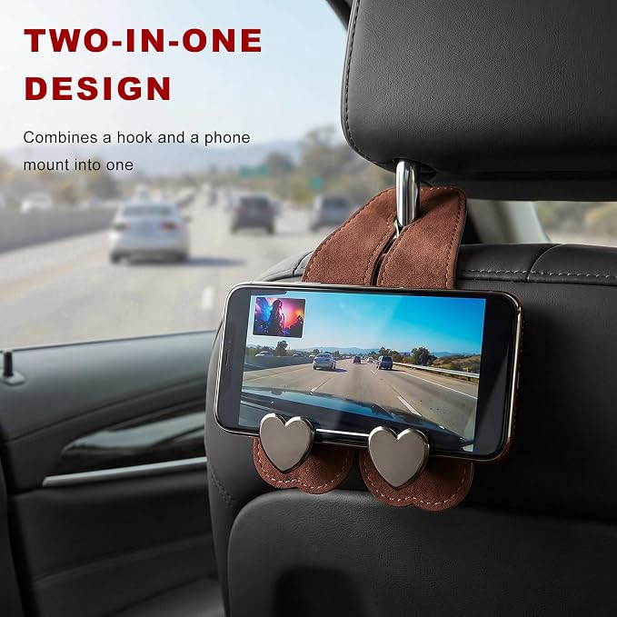 2 PCS Car Seat Headrest Hook, Suede Heart Shape Auto Double Seat Back Purse Storage Hook, Cute Backseat Organizer Universal Bag Holder Most Vehicles, Car Accessories (Brown)