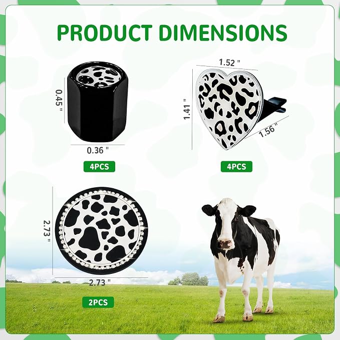 Cow Print Car Accessories Set for Women and Teen Girls – Cute Tire Valve Stem Caps, Heart Air Vent Clips, Bling Car Coasters, Cute Interior Automotive Decor Gift for Female Drivers, Cow Car Decor