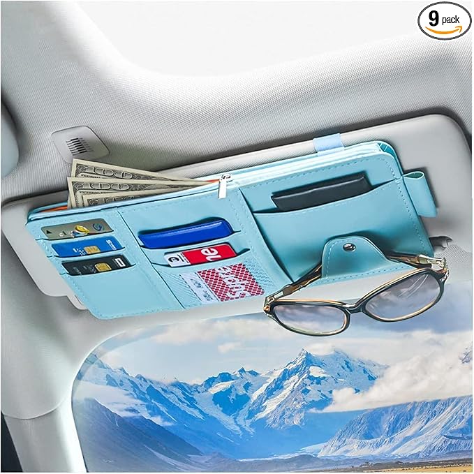 Car Sun Visor Organizer, Leather Storage Pocket Sun Visor Pouch with Zipper for Cards License Registration Pen Glasses Document, Fits Most Car SUV, Auto Interior Accessories (Blue)