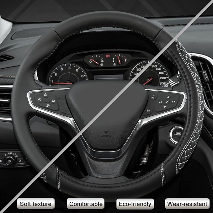 Customized Auto Car Steering Wheel Cover for Chevy Silverado,Tahoe,Equinox,Traverse,Trailblazer,Colorado(Diamond Quilted-Black+Gray-Standard Size)