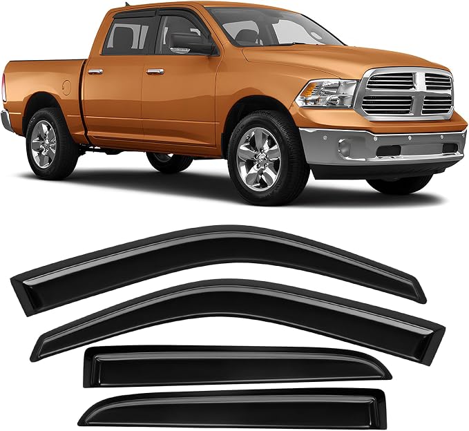 Rain Guards Fit for Dodge Ram 1500 Crew Cab 2009 2010 2011 2012 2013 2014 2015 2016 2017 2018, Tape-On Side Window Deflector Durable 2009-2018 Ram 1500 Crew Cab Rain Guard Black 4 PCS