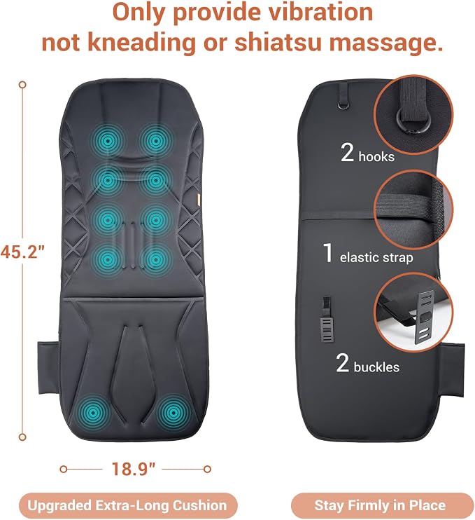 Upgraded Length,10 Vibration Motor,Back Massager Cushion with Heat | Heated Seat Cover Massage Cushion for Pain Relief for home