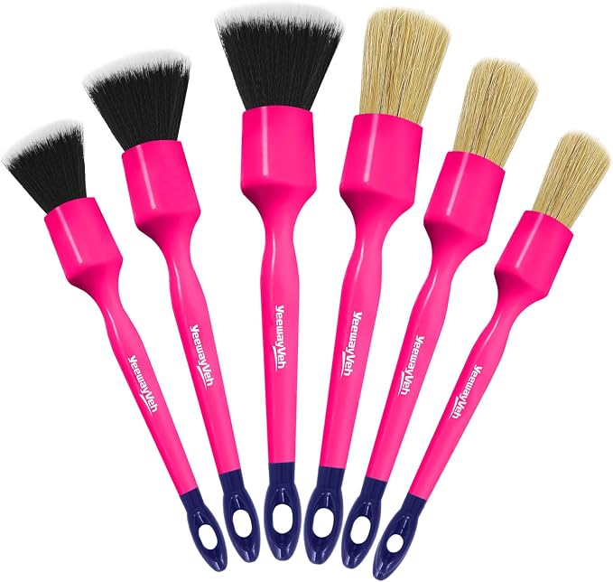 6PCS Car Detailing Brush Set, 3pcs Boars Hair Detailing Brushes, 3pcs Ultra Soft Detail Brush for Leather Seat Air Vents Engine Bay, Detail Brushes Car Detailing for Interior Exterior, Pink