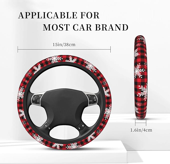 Christmas Snowflakes Steering Wheel Cover,Buffalo Plaid Elastic Non-Slip Steering Wheel Protector,Auto Interior Decor for Women Girls,Universal 15" Fit for Sedans,Trucks