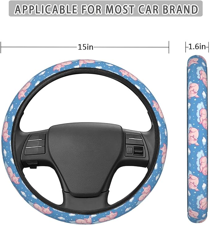 Cute Sleeping Pig Clouds Steering Wheel Covers Anti-Slip Elasticity Car Accessories Steering Wheel Protector Universal 15 Inch for Cars SUV Vehicle Truck