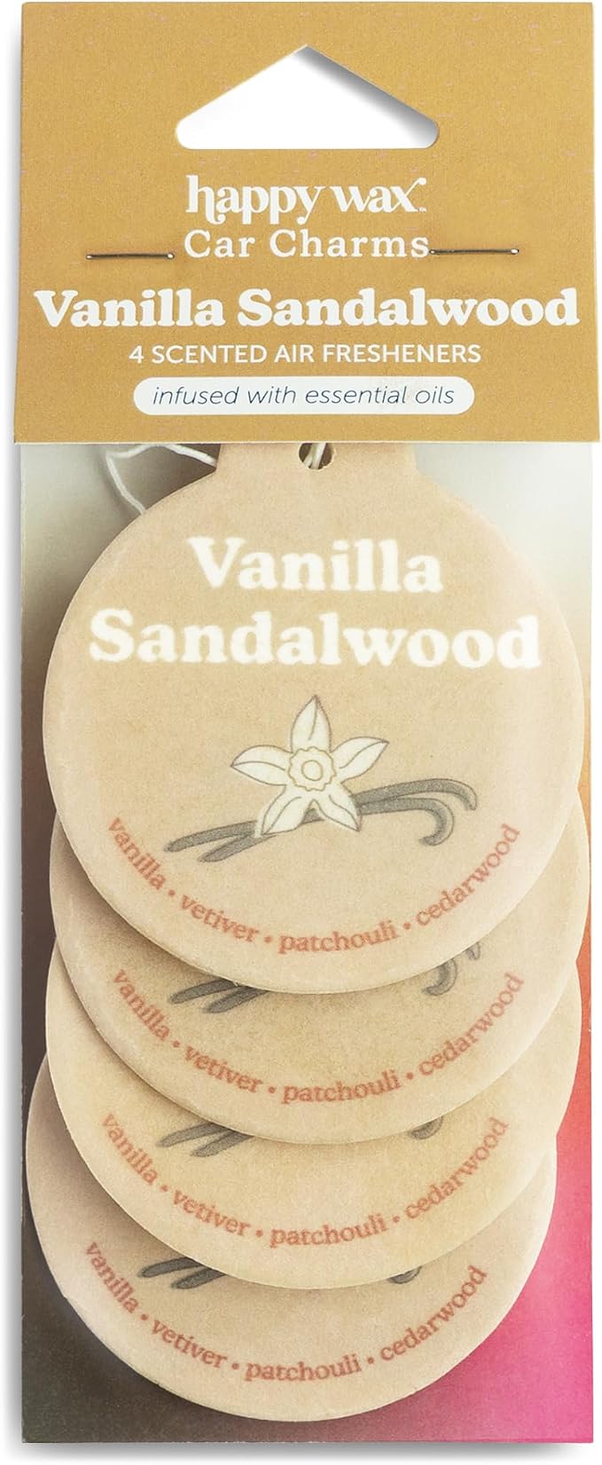 Vanilla Sandalwood Car Charms 4-Pack - Scent Notes: Vanilla, Vetiver, Patchouli and Cedarwood