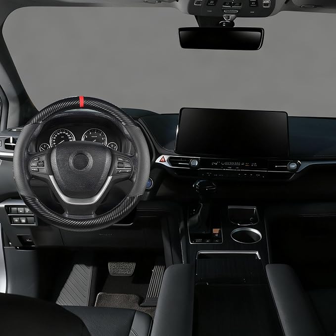 Carbon Fiber Steering Wheel Cover for Ford F150 F250 F350 Ram 4Runner Tacoma Tundra Range Rover, Large Size 15.5"-16", Breathable Microfiber Leather, Odorless, Black