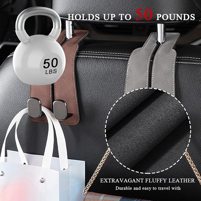 2 PCS Car Seat Headrest Hook, Back Seat Hanger with Double Flexible Leather Hooks, Soft Leather Double Headrest Metal Hooks Purse Handbag Organizer, Car Accessories (Gray)