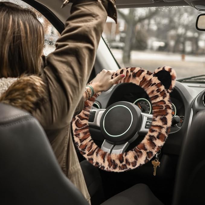 Fluffy Car Steering Wheel Cover, Leopard Fuzzy Vehicle Wheel Cover for Women Non-Slip Furry Warm Steering Wheel Protector with Cute Ears, Car Accessories 15 inch Universal Fit Auto, Suvs, Truck