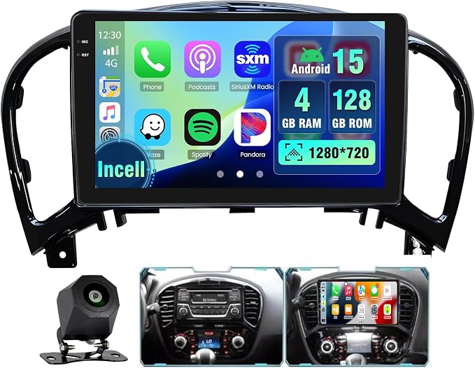 4+128GB Android 15 Car Stereo for 2011-2016 Nissan Juke Radio Wireless Carplay Andorid auto, 9 inch INCELL Touchscreen Stereo Upgrade GPS WiFi Bluetooth 5.0 FM/RDS EQ-32 SWC Backup Camera