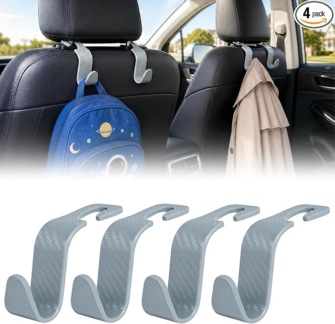 Car Seat Hooks for Headrest 4 Pack, Car Seat Back Storage Hook, Universal Vehicle Headrest Hanger for Purse, Handbag, Coat, Umbrella, Grocery Bags, Practical Interior Accessories