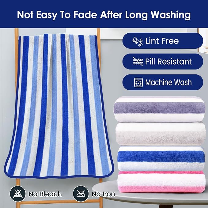 Bath Towels, Pack of 4, 30"x60", Large Microfiber Towel Set, Ultra Soft, Super Absorbent, Fast Drying, Perfect for Suana, Shower, Pool, Sport, Travel, Fitness, SPA,Yoga, Cabana Stripe Blue
