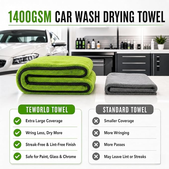 Car Drying Towel, Extra Large 48 x 24 Inch, 1400 GSM, Dual-Color | Twisted Loop Microfiber Towel for Cars - Absorbent Car Dry Towel and Car Wash Towel for Streak-Free, Paint-Safe Car Detailing