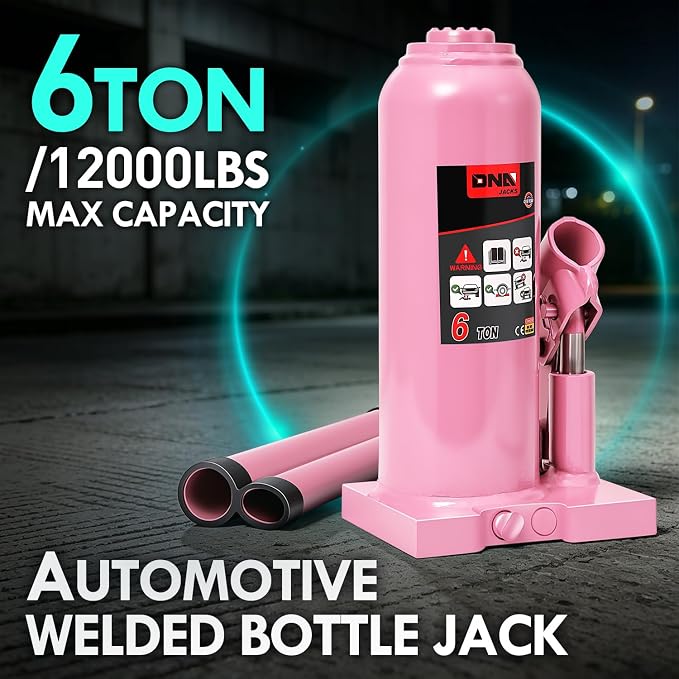 6 Tons / 12000 lbs Lifting Automotive Welded Hydraulic Bottle Jack for Car SUV Pickup Truck, Auto Repair, with Manual Handle & Carrying Storage Case, Pink