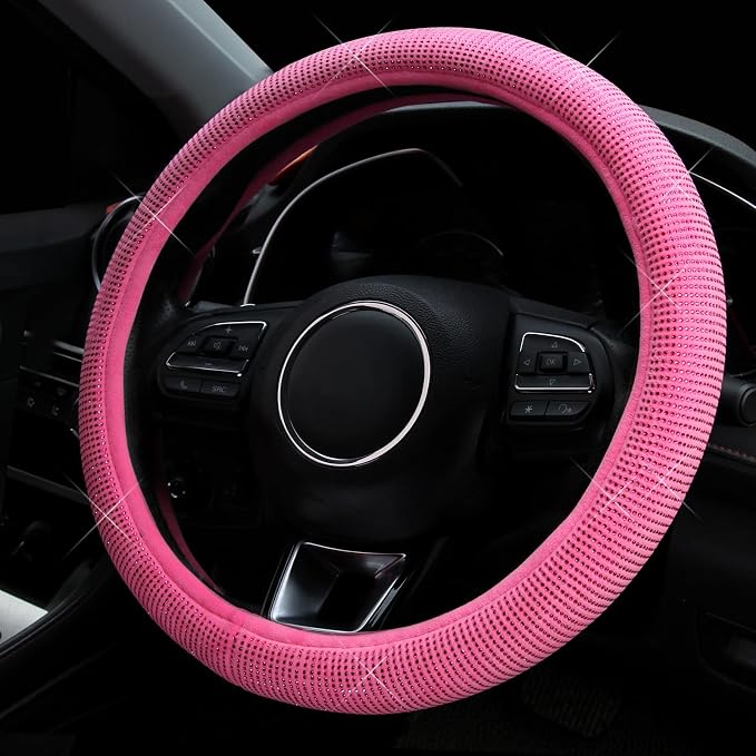 Steering Wheel Cover for Women Bling Bling Crystal Diamond Sparkling Car SUV Wheel Protector Universal Fit 15 Inch (Rose,Standard Size(14" 1/2-15" 1/4))