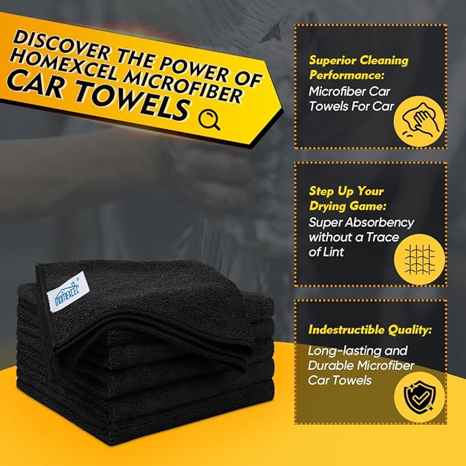 Black Microfiber Cleaning Cloth 6 Pack, 12.5 x 12.5 inch Microfiber Towels for Cars, Ultra Absorbent Car Washing Cloth, Lint Free Streak Free Cleaning Rags for Car, Kitchen, and Window