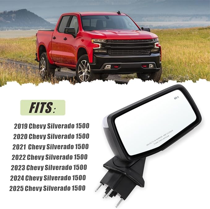 Right Passenger Side Mirror Compatible With 2019-2025 Chevy Silverado 1500 With Power Folding Heated Turn Signal Puddle Light Memory Temperature Sensor Blind Spot Chrome Replace#84898868(16Pins)