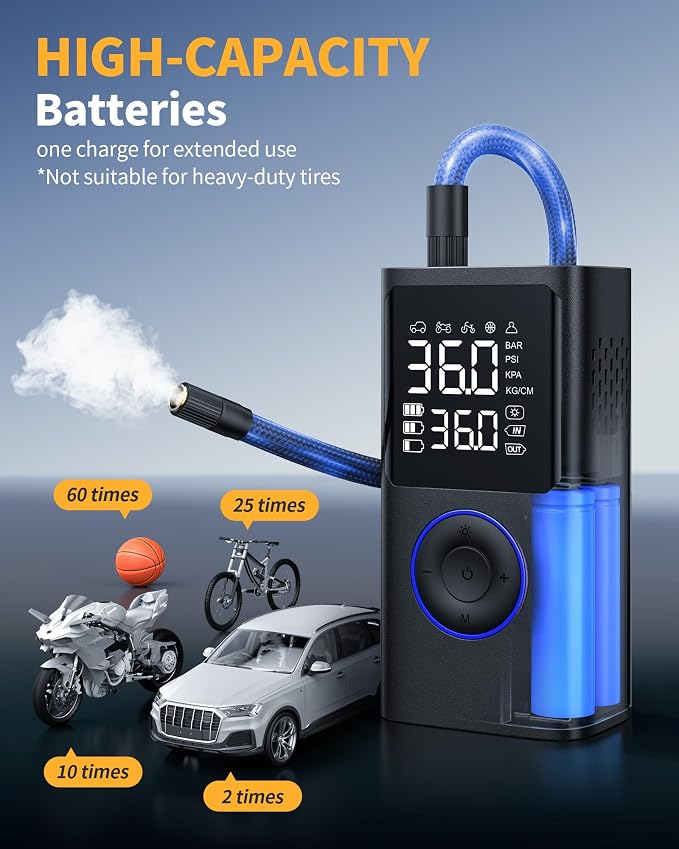 Tire Inflator Portable Air Compressor, 150 PSI Cordless Bike Pump, Air Pump for Auto, Motorcycle, Bicycle, Balls with Pressure Gauge, LED Light & Car Accessories, Blue, Standard Capacity
