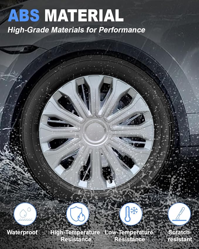 Hubcaps,16 inch hubcaps Set of 4, Wheel Rim Cover ABS Material, Snap On Car Truck SUV Replacement, for Toyota Camry Nissan Mazda etc, Silver