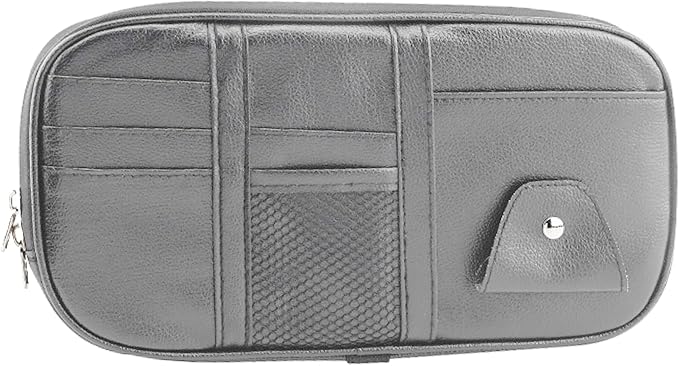 Car Sun Visor Organizer, Sunglass Holder and Storage Pocket, Card Cash Pouch with Multi-Pocket Net Zipper, Case Bag for License Pen Key, Auto Accessories for Truck, SUV, Van (Gray)