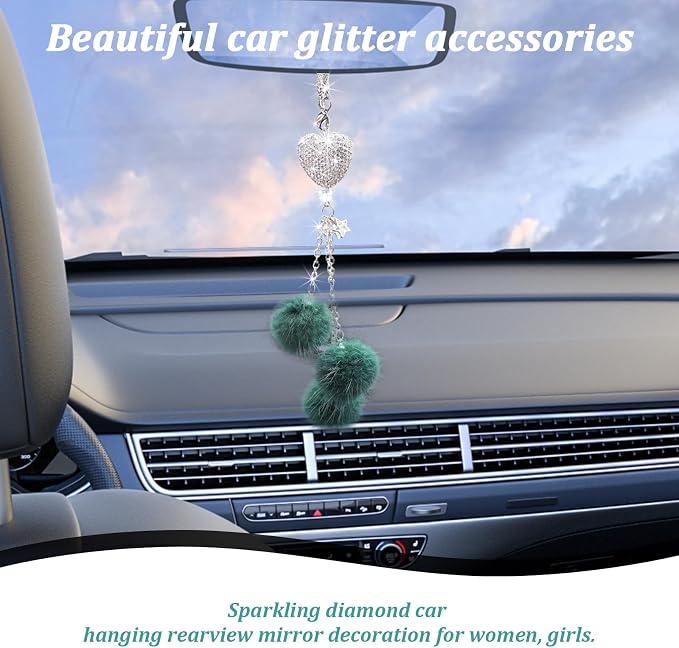 Bling Diamond Heart Car Interior Accessories, Car Mirror Hanging Ornament for Women, Love Heart & Pink Plush Ball Decor Ornament Pendant (Dark Green)