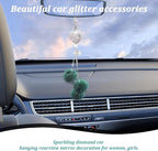 Bling Diamond Heart Car Interior Accessories, Car Mirror Hanging Ornament for Women, Love Heart & Pink Plush Ball Decor Ornament Pendant (Dark Green)