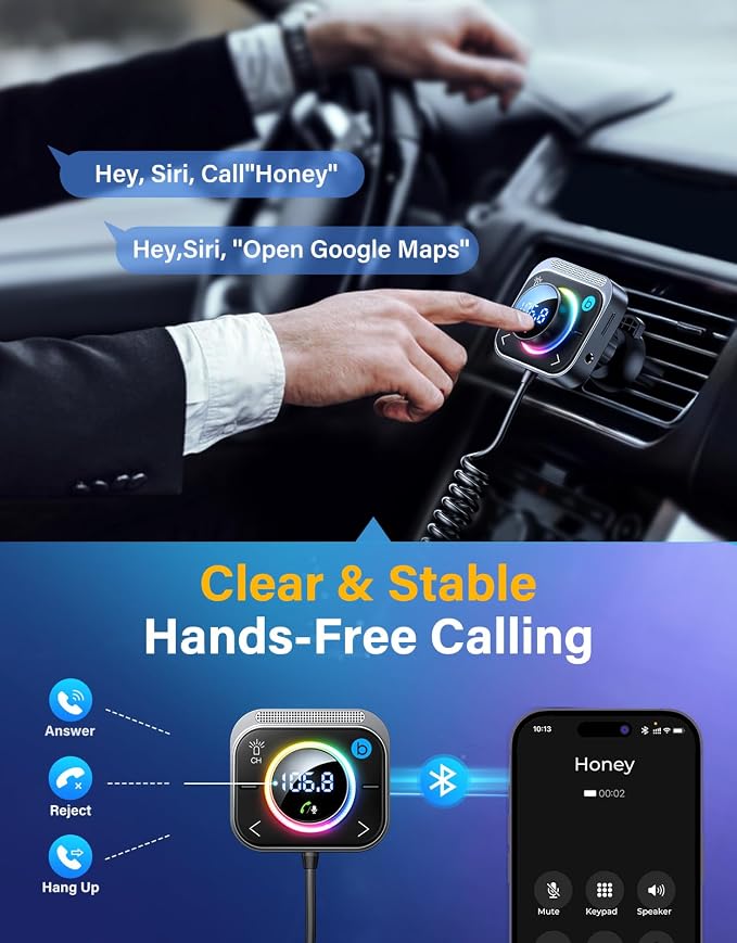 96W FM Transmitter Bluetooth 6.0 Car Adapter Aux with 3 Charging Ports【PD 60W & 2 * 18W】【Air Vent Installation for Safe】 Deep HiFi Bass Player Wireless Radio Fun Car Accessories Gift Set
