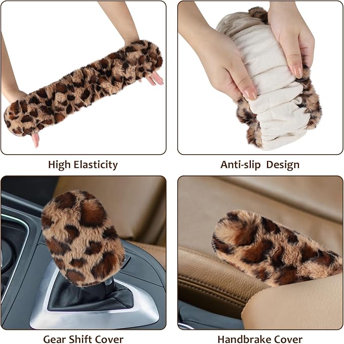Fuzzy Car Steering Wheel Cover, Universal Fit Fur Auto Wheel Cover & Handbrake Cover & Gear Shift Cover Set, Leopard Warm Fluffy Vehicle Wheel Protector Car Accessories for Men Women (Brown)