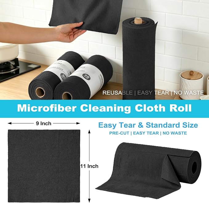 55 Pack Microfiber Cleaning Cloth Roll, Tear Away Reusable Paper Towels, 11" X 9", Ultra Absorbent & Lint Free Microfiber Cloth for Cleaning Cars, Kitchen, Window, Home and Shop, Black