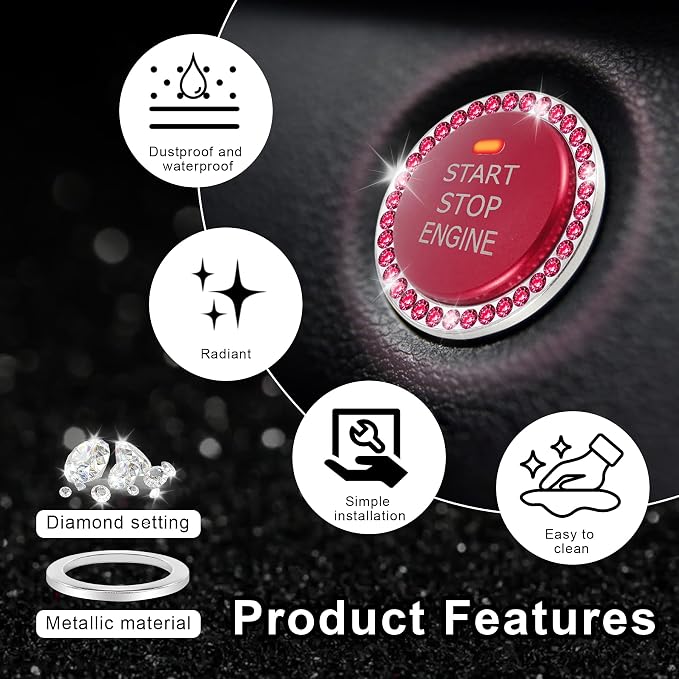 2 PCS Crystal Rhinestone Car Engine Start Stop Decoration Ring, Bling Car Interior Accessories for Women, Push to Start Button Cover Sticker, Automotive Decals, Red