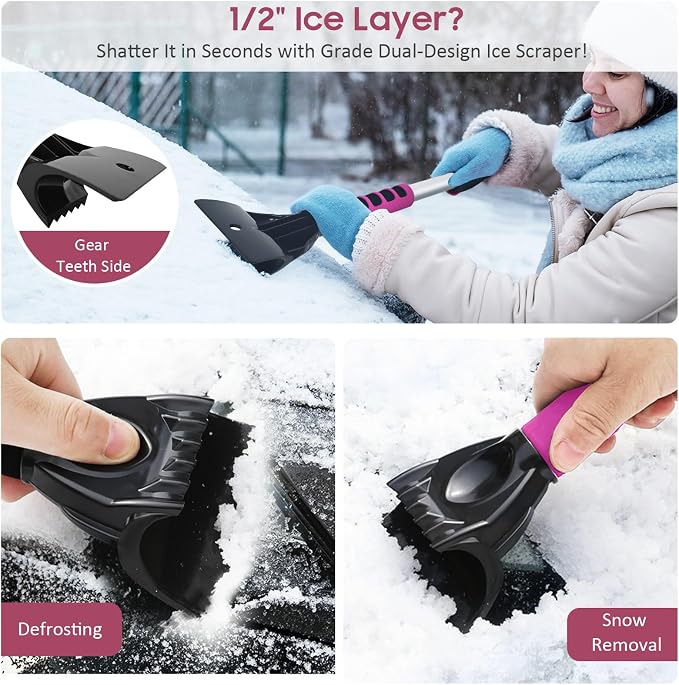 39in Car Snow Brush Ice Scraper 360° Rotating, Magenta Pink