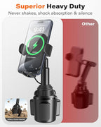 15W Qi Wireless Car Charger Solid Cup Holder Mount, Adjustable Long Arm & 360° Rotation, Fits 3"–4" Round Cup Holders, Works with Cases ≤ 4 mm (No Metal Attachments)