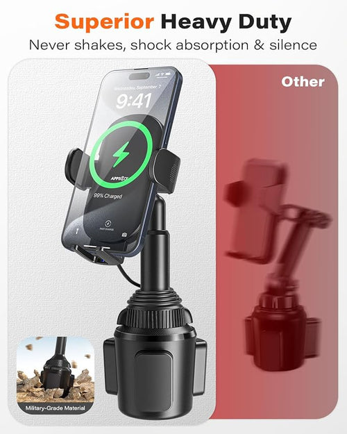 15W Qi Wireless Car Charger Solid Cup Holder Mount, Adjustable Long Arm & 360° Rotation, Fits 3"–4" Round Cup Holders, Works with Cases ≤ 4 mm (No Metal Attachments)