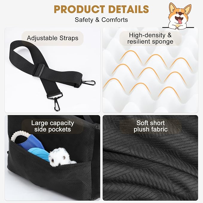 Dog Car Seats for Small Medium Dogs Under 35lbs, Dog Booster Seat with Detachable Washable Cover and Cushion, Memory Foam Pet Car Seat with Safety Belt and Storage Pockets (Black)