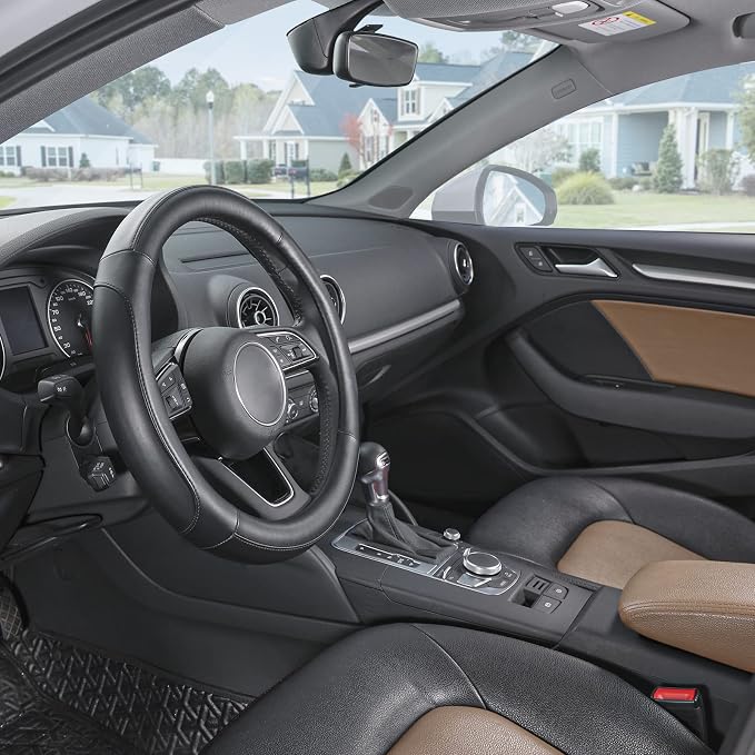 Car Steering Wheel Cover Small Size for Prius Civic Model 3 Model Y Camaro Rogue with 14-14 1/4 inches Outer Diameter, Black Microfiber Leather