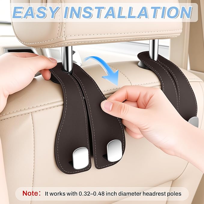 2PCS Car Purse Holder Hook, Seat Back Storage Hook, Leather-Wrapped Alloy Double Headrest Hook for Purses & Bags, Cute Car Interior Accessories for Women and Men, Brown