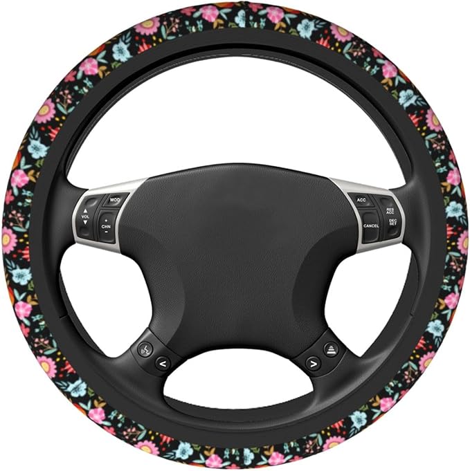 Wildflower Car Steering Wheel Cover 15 Inch Wildflower Steering Wheel Cover Anti-Slip Breathable Universal 2 Pcs Car Interior Cup Holder Pad for Men Women Multicolor Flowers