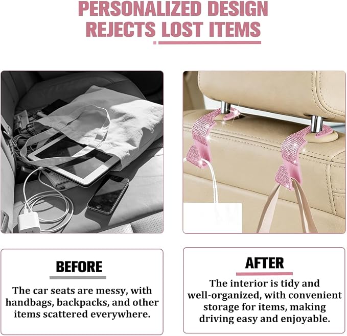 4PCS Bling Car Seat Headrest Hook, Crystal Rhinestone Backseat Hanger Organizer for Purse Handbag Umbrella, Shiny Auto Interior Seat Back Storage Holder Hook, Universal Fit (Pink2)
