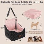 Elevated Dog Car Seat for Small/Medium Dogs up to 35 lbs, Memory Foam Booster Seat with Detachable Washable Cover, Travel-Safe Car Bed with Safety Belts & Storage Pockets, Pink